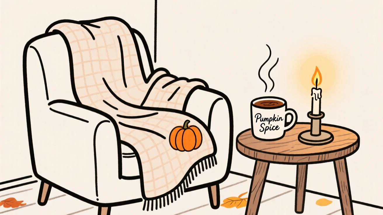 A cozy autumn reading nook with a blanket, pumpkin spice drink, and candle.