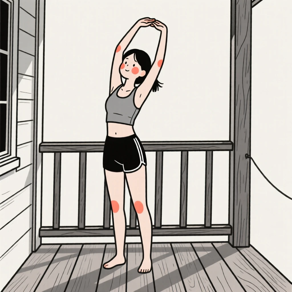 A young woman stretching after a morning run, on a rustic wooden porch.