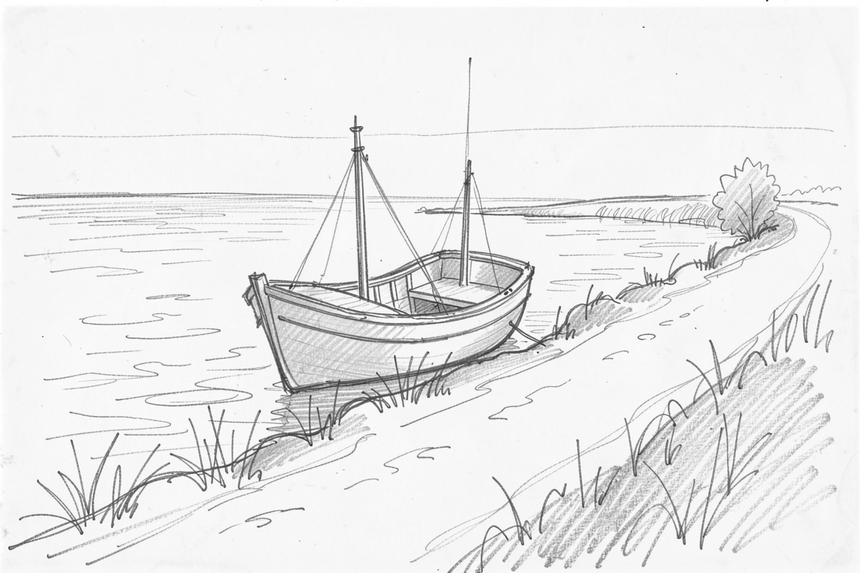 A small fishing boat anchored in a quiet cove, on a quiet countryside lane, with the ocean stretching out beyond.