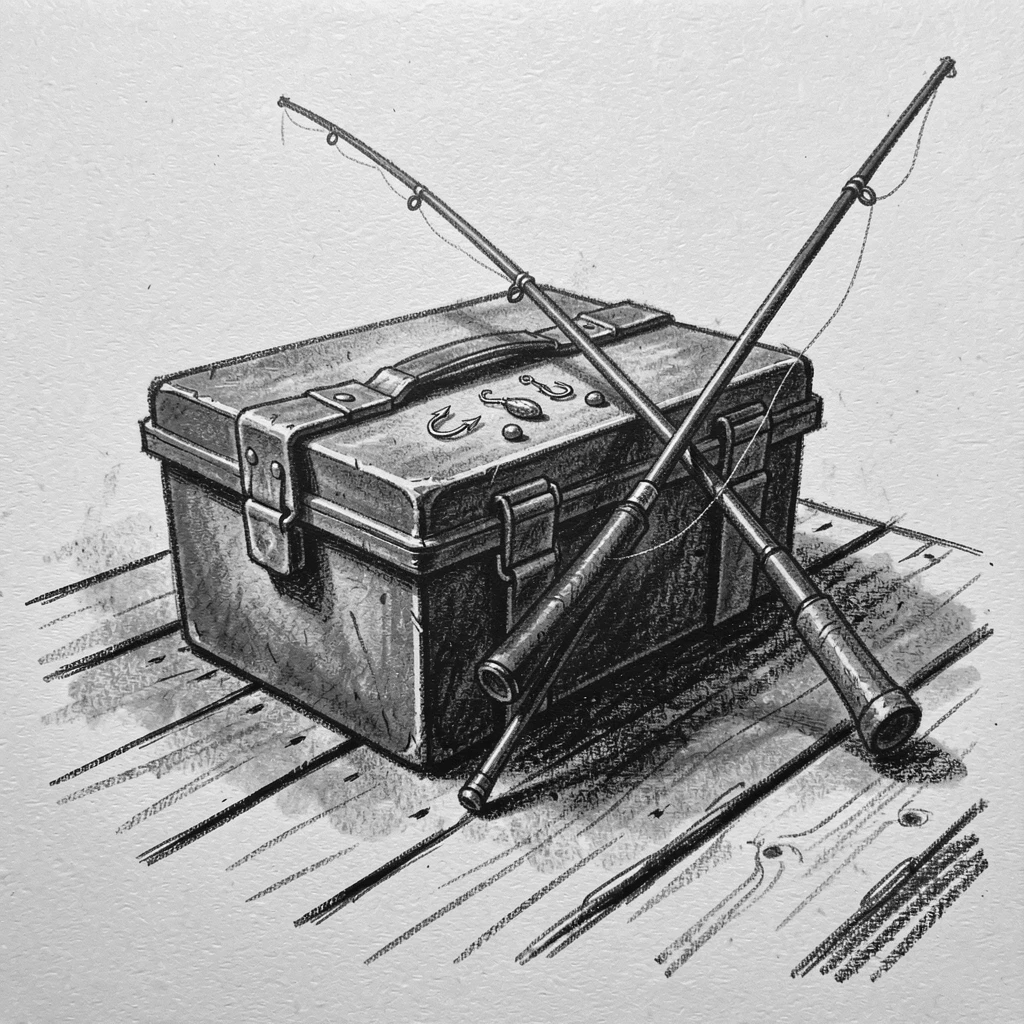 A fisherman's tackle box and rod resting on a dock, in a moment of quiet togetherness.