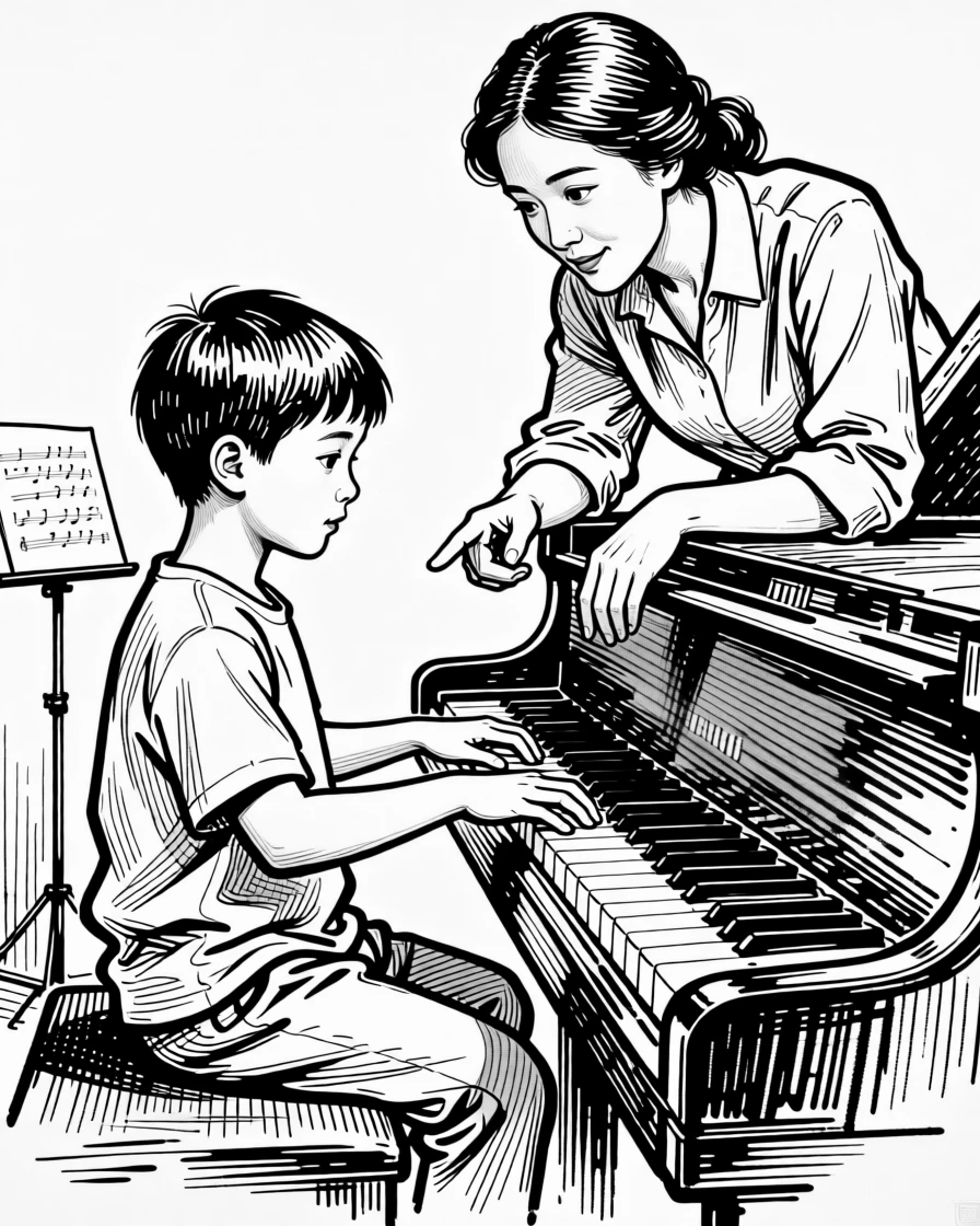 A child practicing piano scales under a patient teacher's guidance.