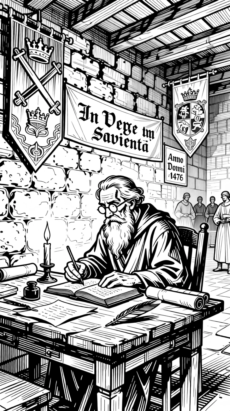 A scholar writing by candlelight in an old study within the walls of a centuries-old fortress, with banners and flags marking the occasion, portrayed in a warmly communal historical scene.