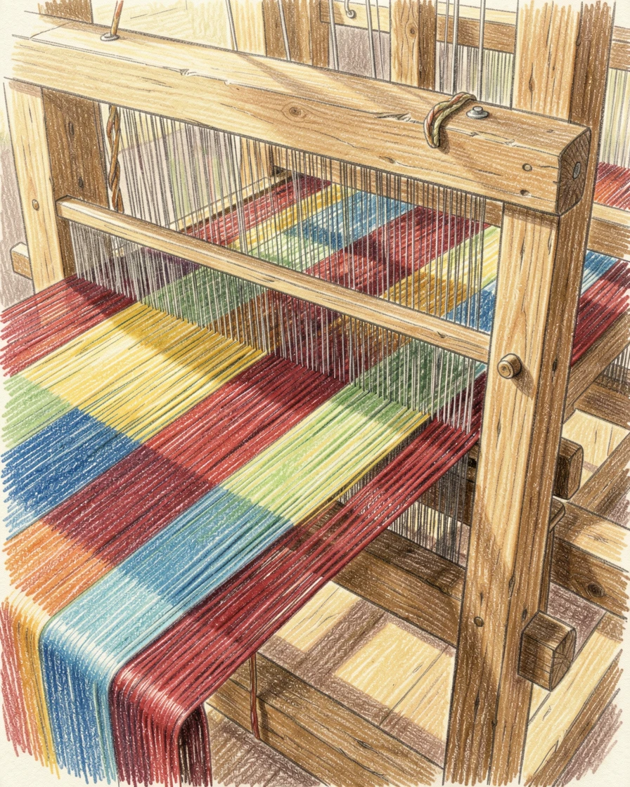 A weaver's loom strung with colorful threads mid-pattern, with soft, natural light bringing warmth to every detail, evoking nostalgia and a deep sense of contentment.