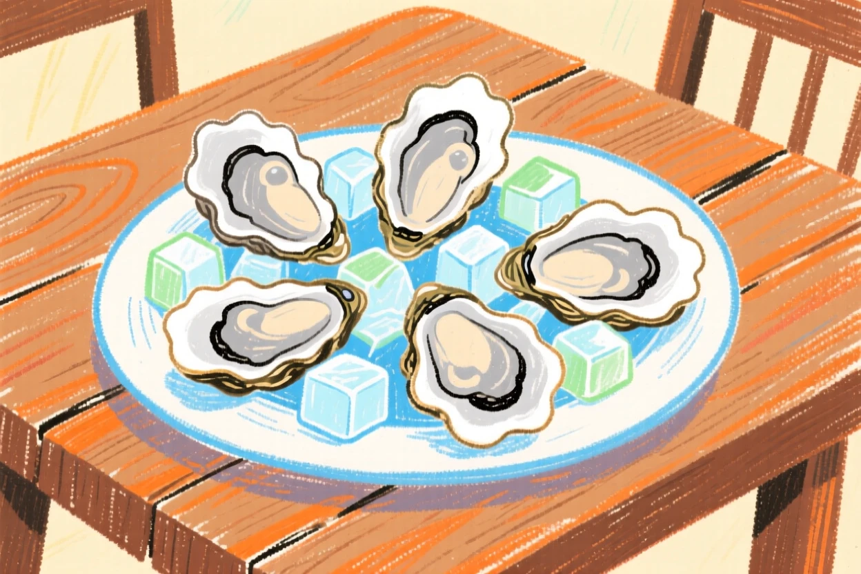 A plate of fresh oysters on ice arranged on a rustic wooden table.