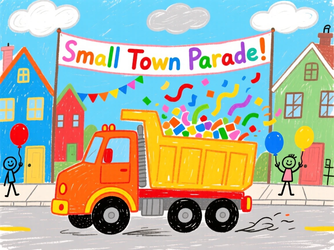 A bright orange dump truck rolling through a small town parade.