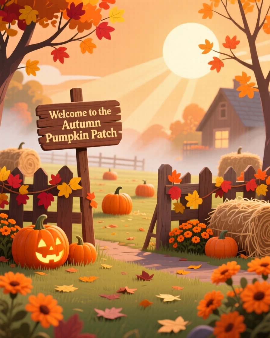 A pumpkin patch glowing orange under an autumn afternoon sun, set within a cozy, seasonally decorated space, arranged with a nostalgic, seasonal storybook quality, with a fresh, crisp atmosphere throughout.