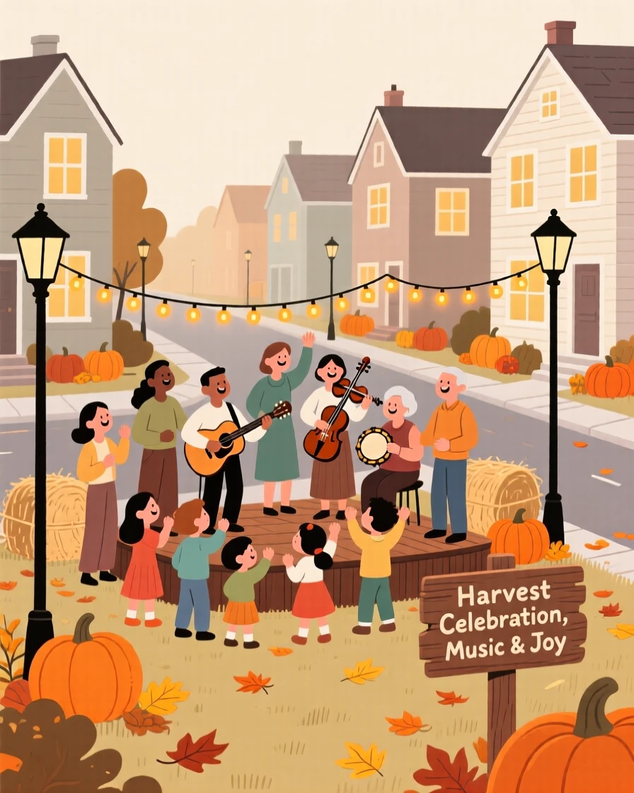 A harvest celebration with festive music filling a cozy neighborhood.