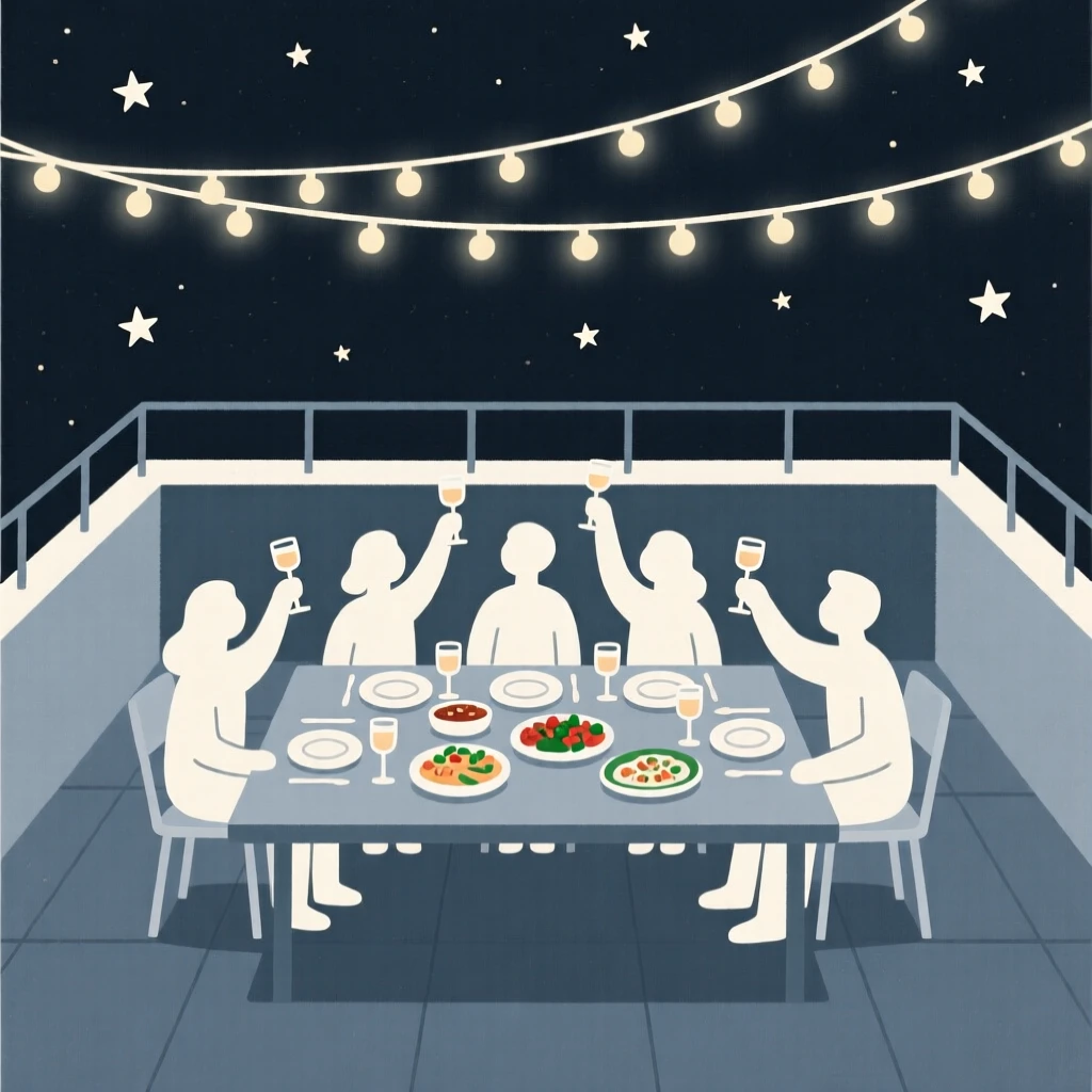 A joyful holiday feast taking place in a rooftop under the stars, decorated with strings of twinkling lights, full of festive excitement.