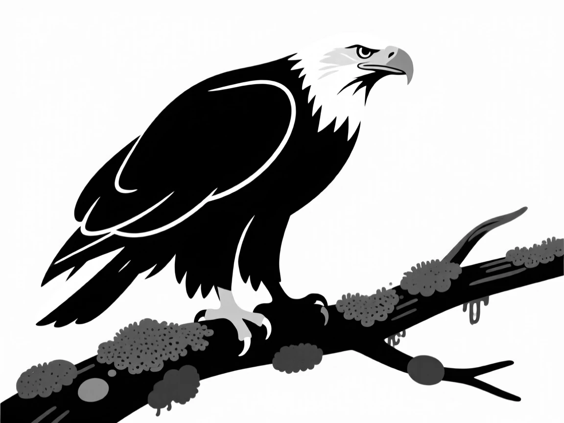 A bald eagle perched on a mossy branch.