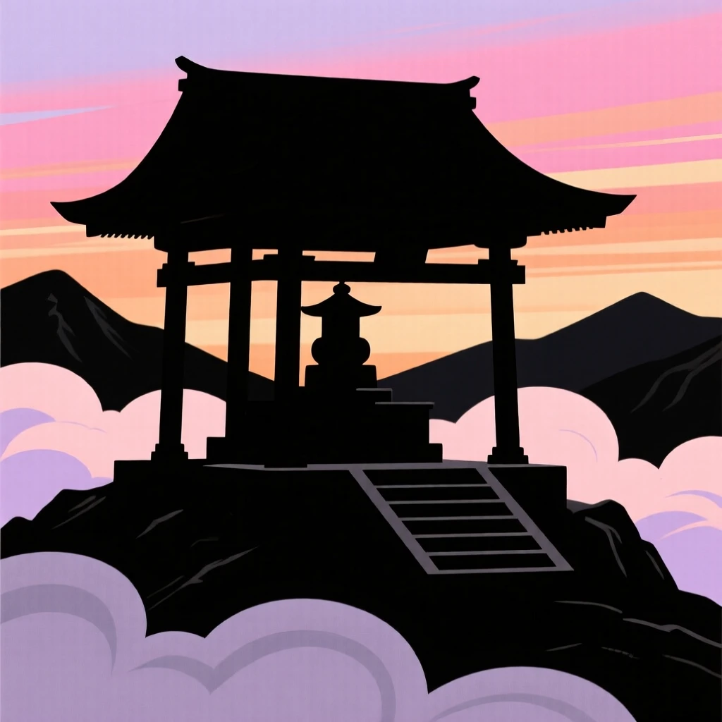 A quiet mountaintop shrine wrapped in drifting cloud.