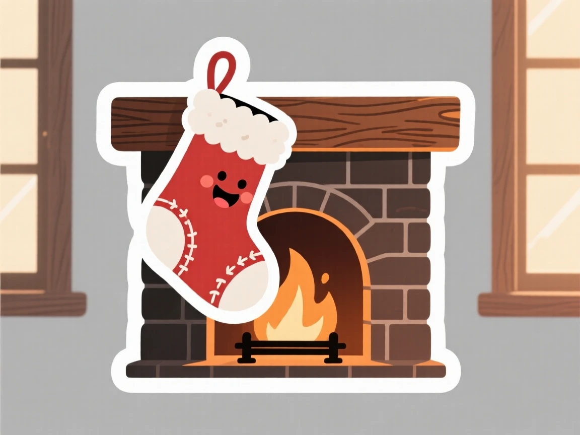 A spirited and joyful stocking hung by a cozy fireplace, with warm light spilling from nearby windows, during the most magical time of year.