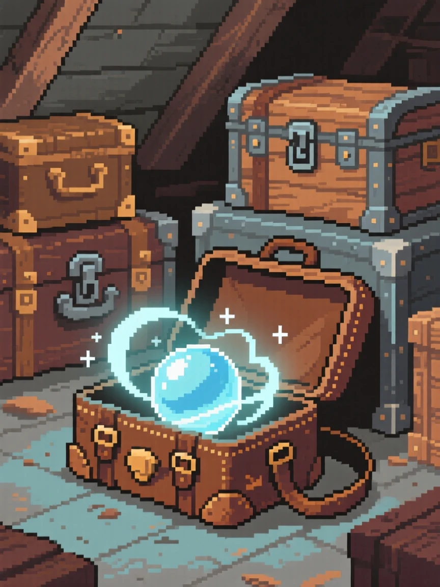 A crystal orb swirling with light tucked inside an adventurer's travel bag, within a dusty attic full of old trunks.