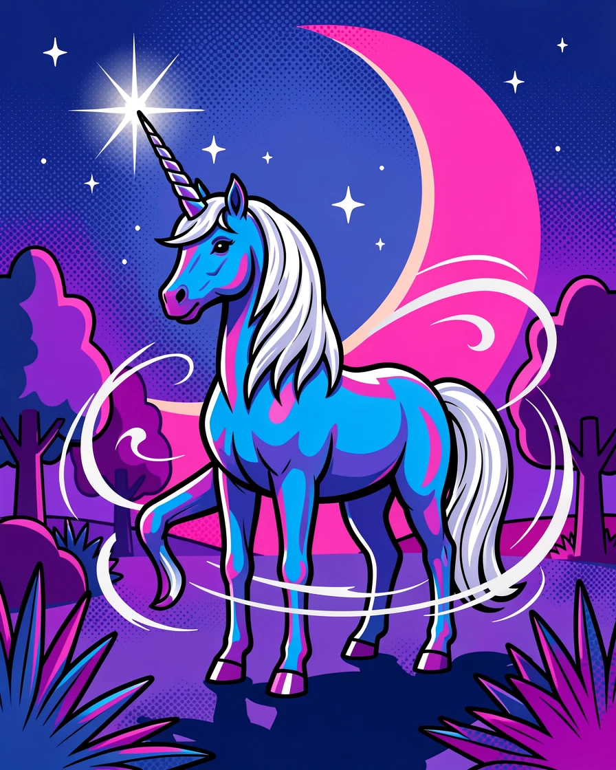 An unicorn standing in an enchanted moonlit clearing