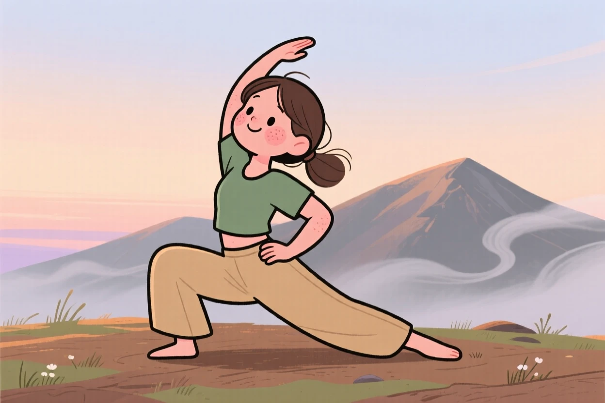A young woman practices gentle yoga stretches on a mountaintop clearing at first light, breathing slowly as soft mist surrounds them.