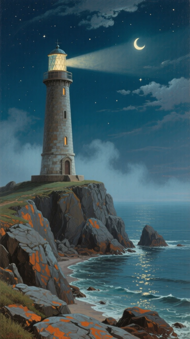 A wide establishing shot of a lighthouse standing sentinel on a rocky windswept point, in the 1920s, under the night sky.