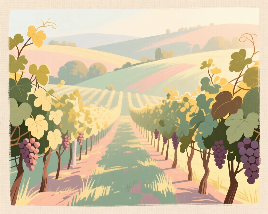 A summer vineyard glowing gold in the late afternoon light