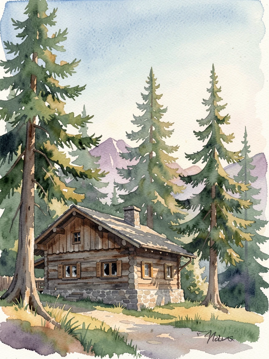 A rustic mountain chalet surrounded by pine trees on a clear summer afternoon.