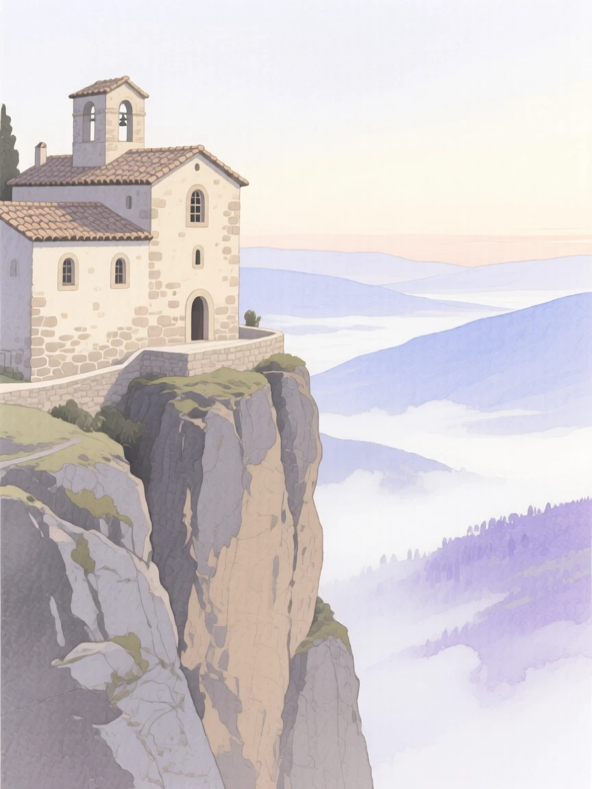 A quiet monastery perched on a cliffside overlooks a valley shrouded in soft morning mist