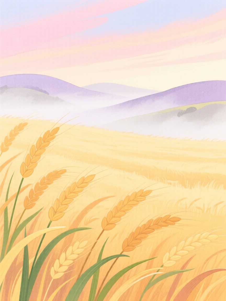 A sweeping view of a golden wheat field swaying in the breeze under a soft blanket of fog.