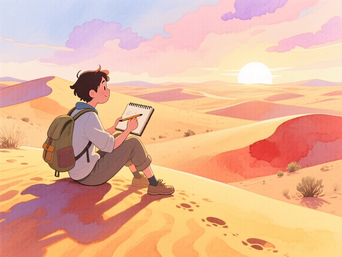 A solo traveler sits sketching in a small notebook amid the golden dunes of the Sahara at sunrise, capturing the wonder of discovering a new place.