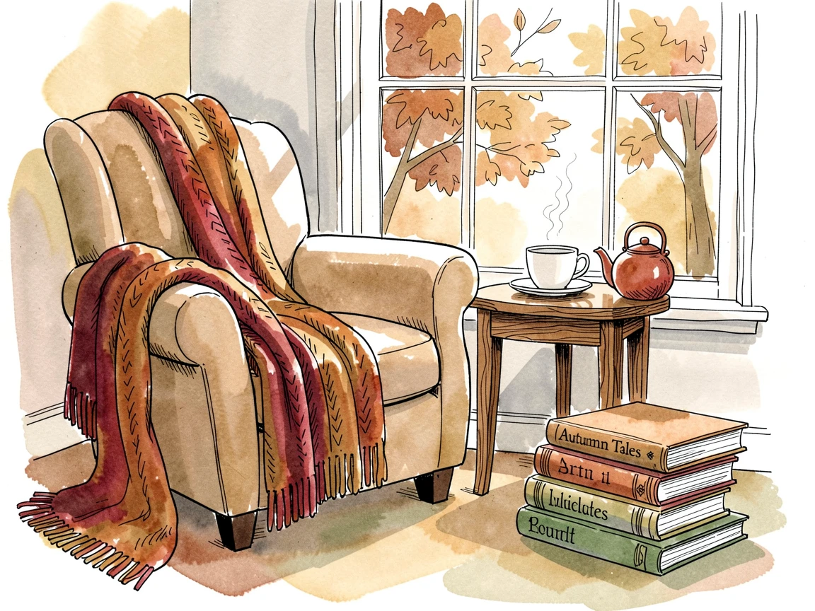 A cozy autumn reading nook with a blanket, tea, and a pile of books, the mood cozy, joyful, and full of seasonal spirit.