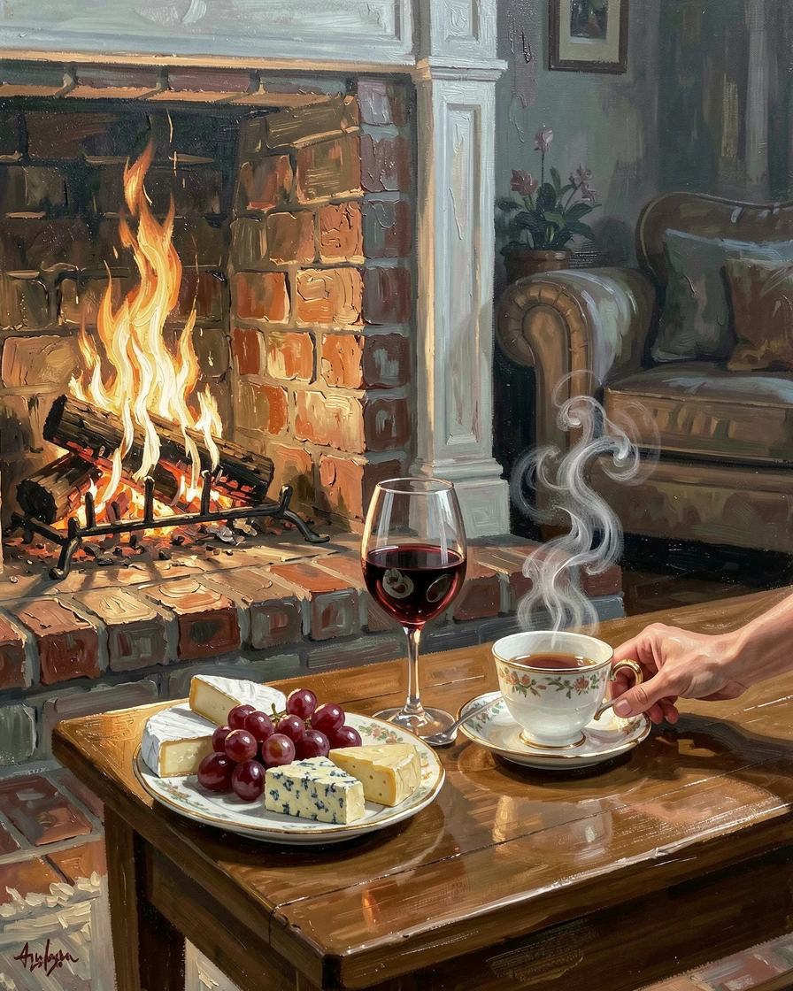 Beside a crackling fireplace on a winter evening, a wine glass beside a plate of cheese and grapes, a hand reaching to pour a cup of tea, on a lazy Sunday afternoon.