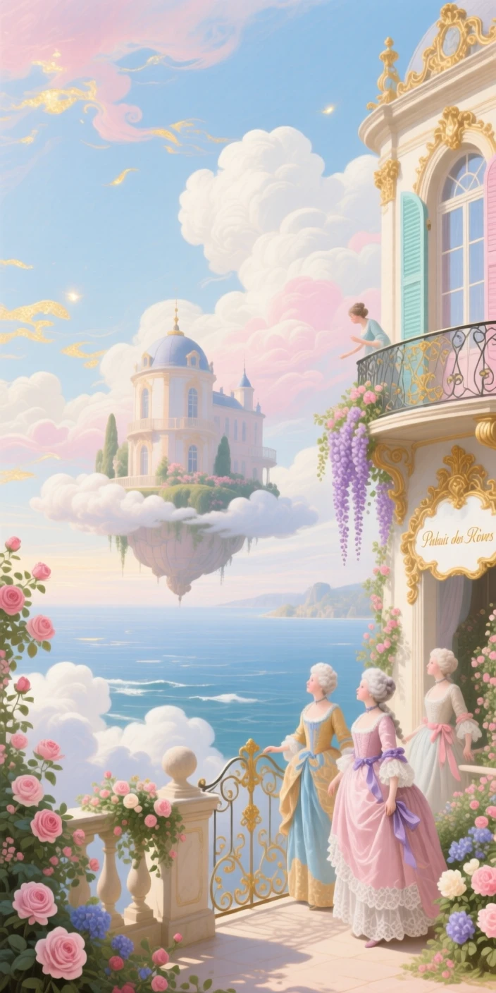 A floating palace above a sea of clouds with gardens spilling over its terraces  