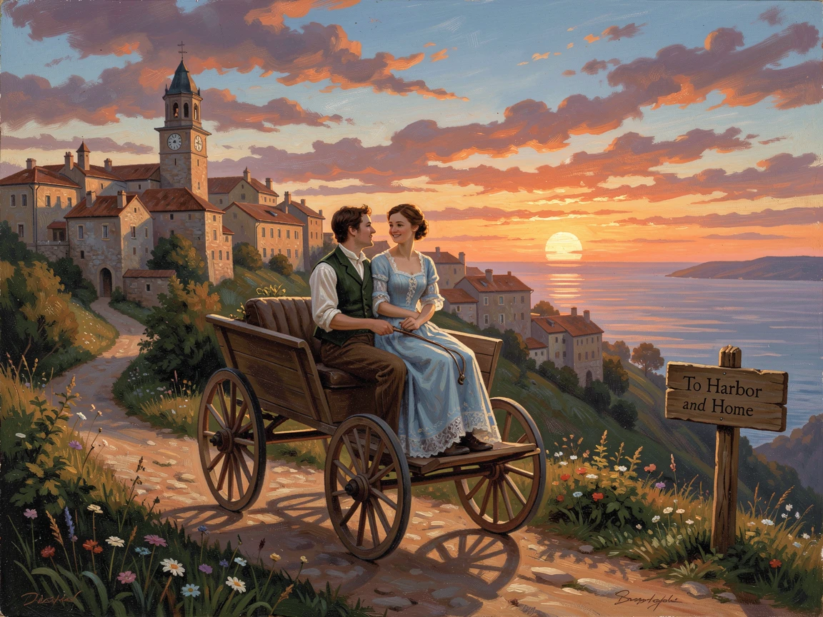 A young couple rolls through a hilltop city overlooking the sea as the sun sets behind the skyline.