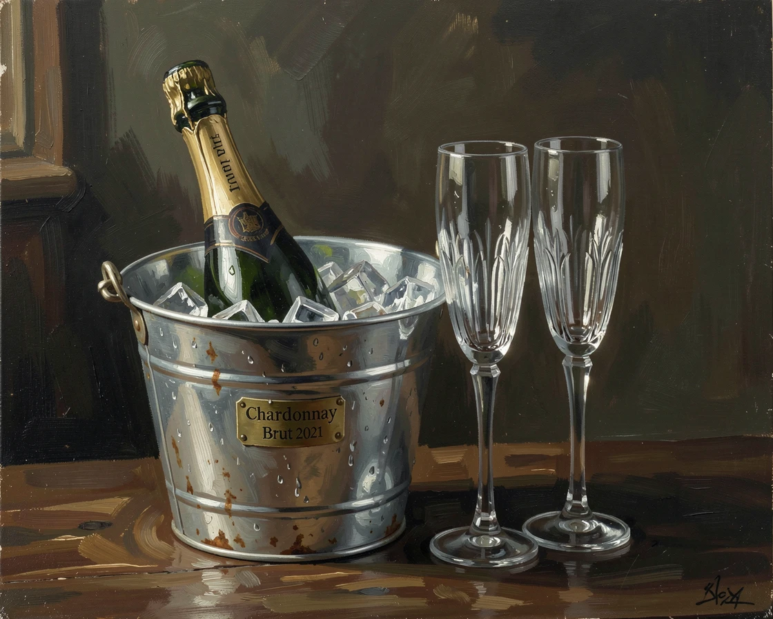 A bottle of champagne chilling in ice beside two crystal flutes, as reflections shimmer subtly across polished surfaces, designed as a sophisticated piece for upscale interior decor