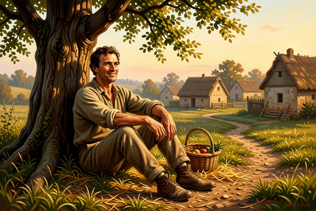 A farmer resting beneath a tree after a long day in the fields as warmth and community shine through humble work, set within a sunlit rural village at the start of a new day, with worn hands, simple clothing, and the honest textures of daily labor; warm natural light elevates a humble scene into something timeless, filled with gentle humor, warmth, and community spirit.