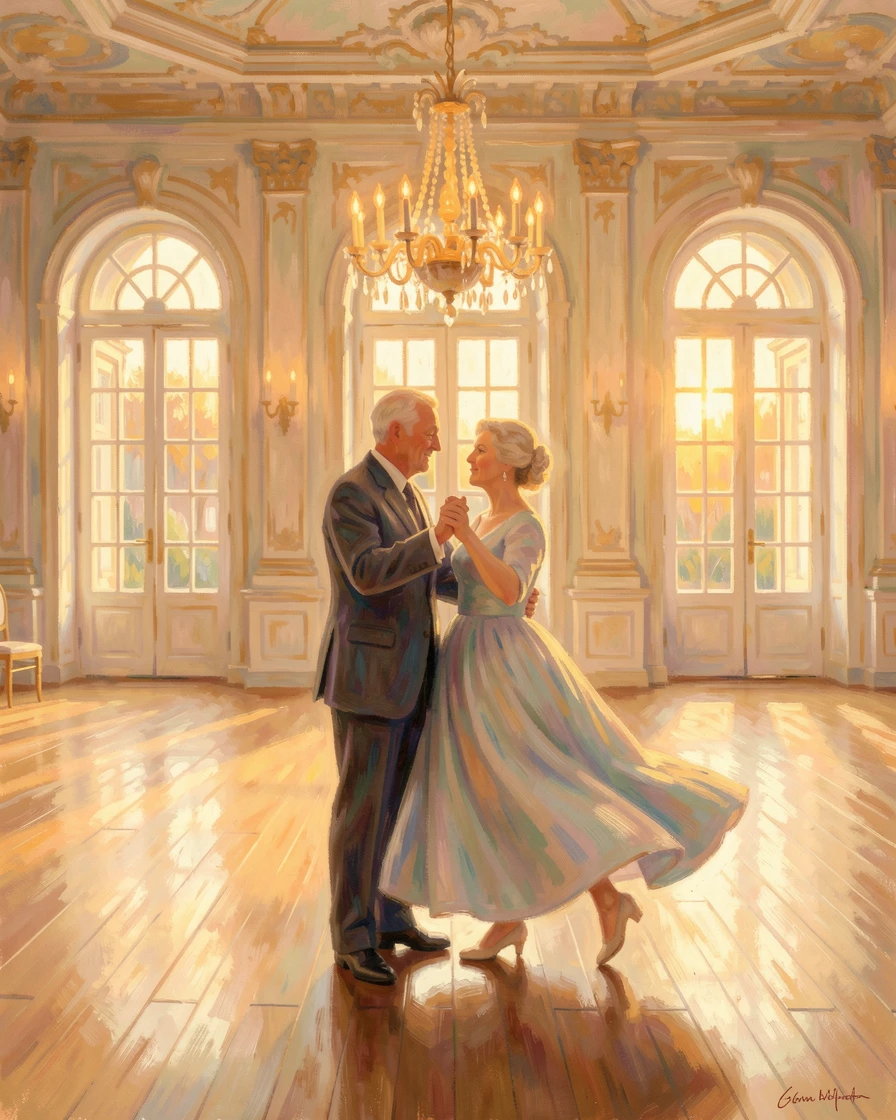 A pair of elderly dancers waltzing in an empty ballroom lit by a single grand chandelier, at golden sunrise, filled with a cozy, comforting atmosphere.