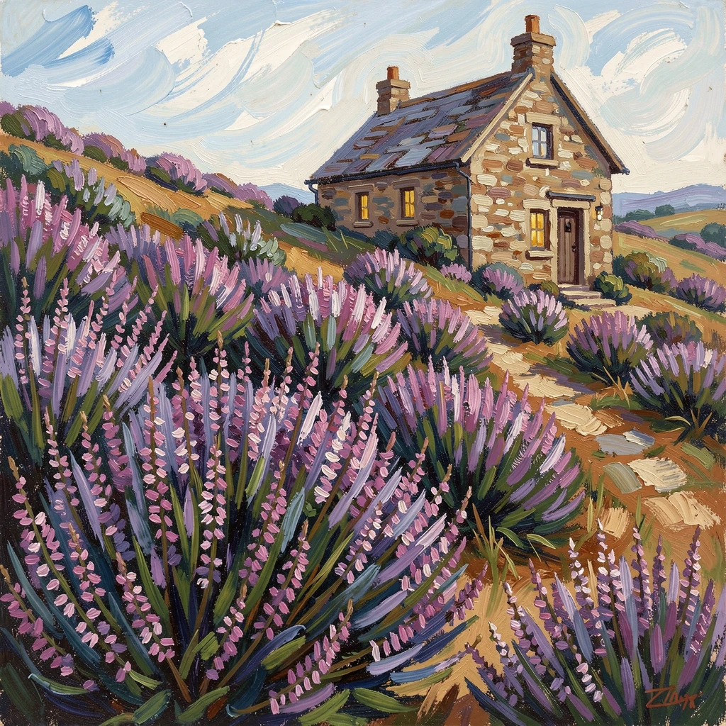 A hillside garden of blooming heather stretching toward a distant stone cottage.