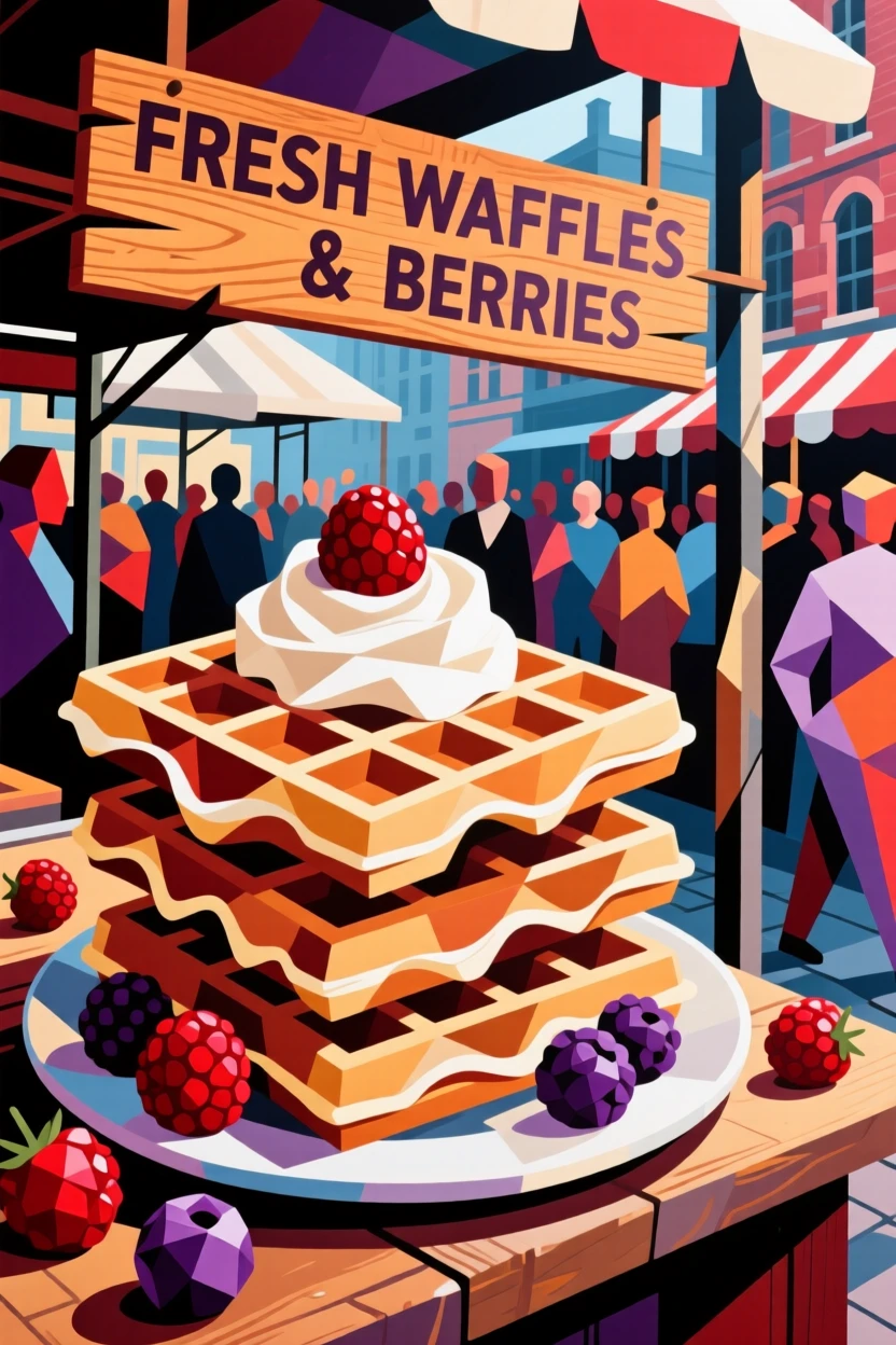 A mouthwatering image of a stack of waffles with berries and cream displayed at a bustling outdoor market stall.