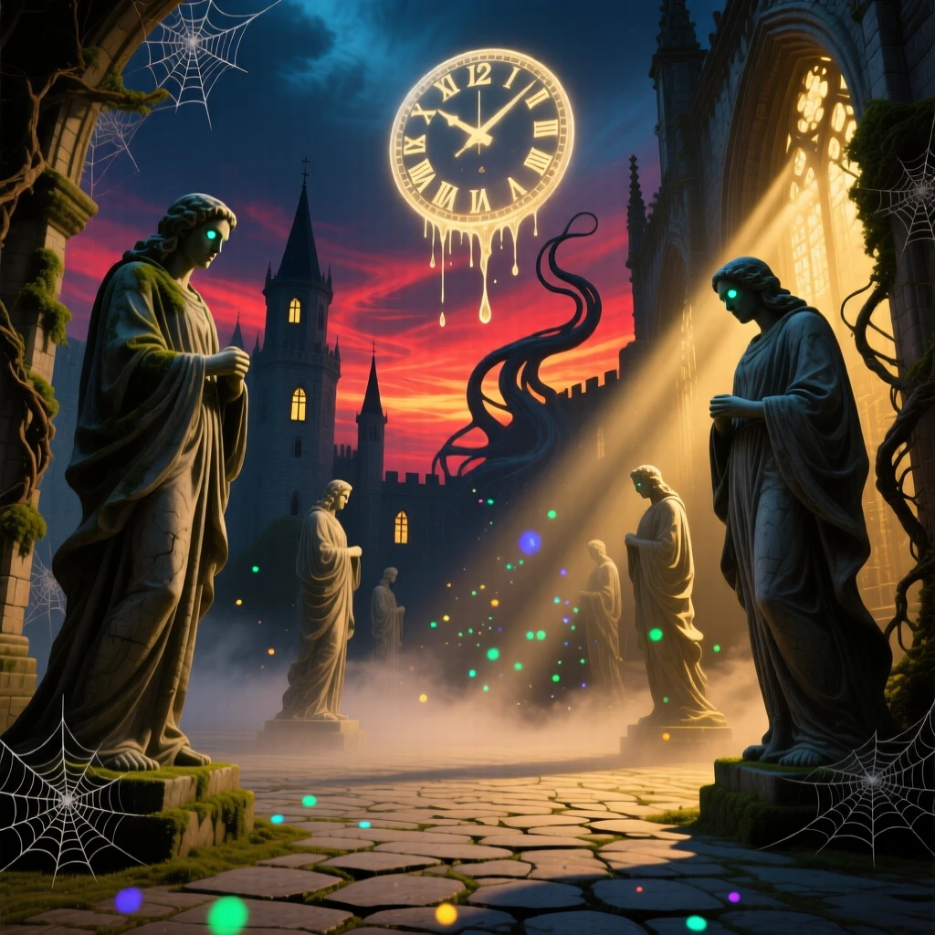 A castle courtyard where every statue seems to watch in silence waits patiently, untouched by the passage of centuries, while dust motes drift like tiny stars through beams of light.