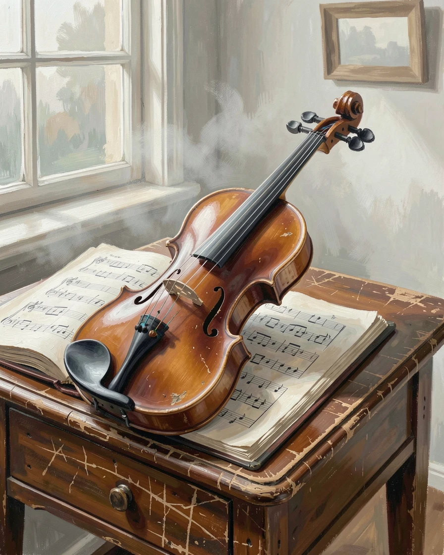 A weathered violin rests on an open sheet music book atop an antique wooden table, soft window light catching the instrument's polished curves and taut strings, the air carrying a faint mist that softens distant shapes without obscuring the overall view.