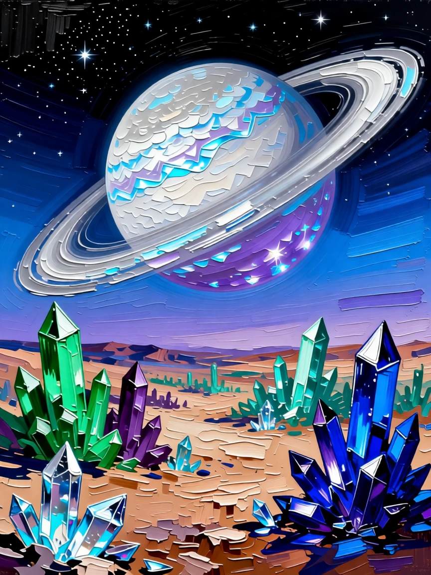 A vast ringed exoplanet rising over an alien crystal desert landscape