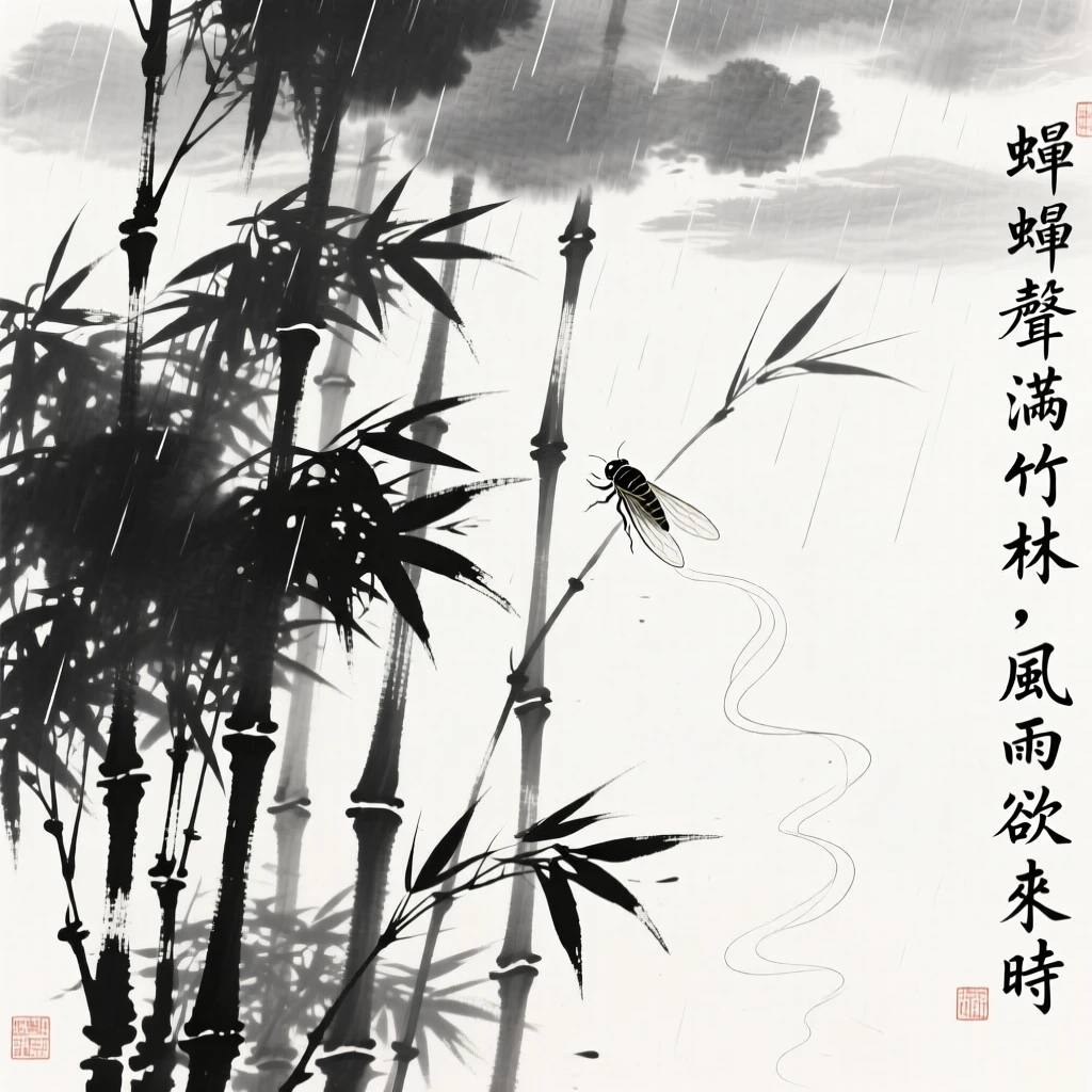 Cicadas fill the air with sound in a shaded bamboo grove, beneath a sky heavy with the promise of rain.