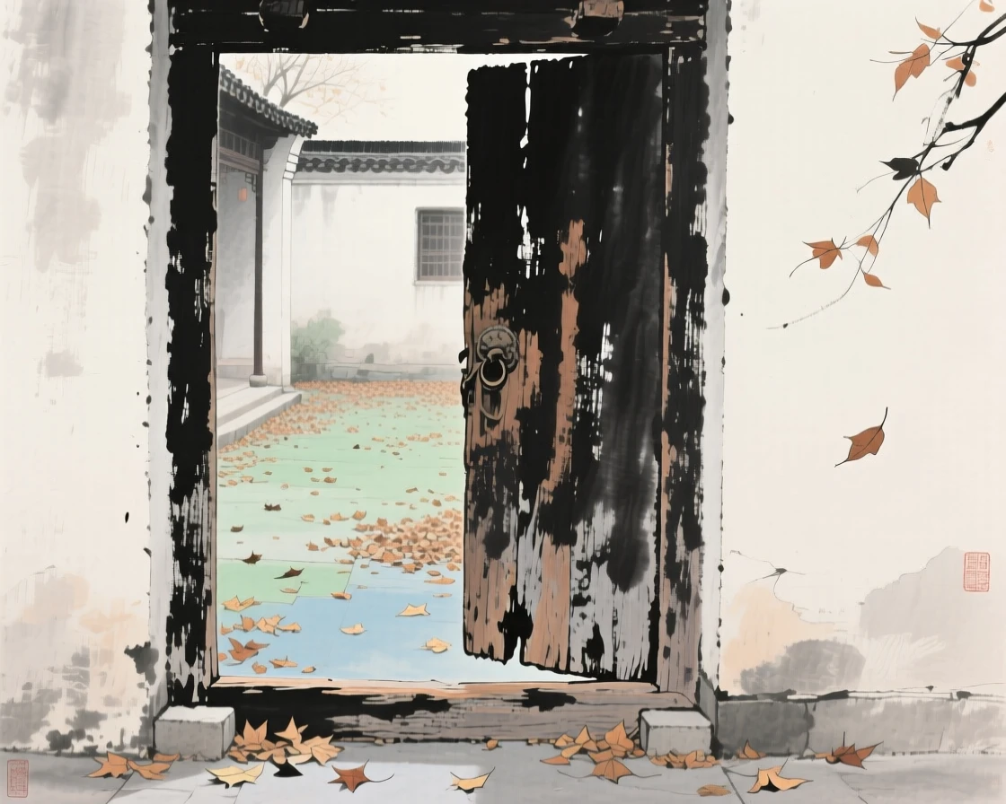 An old wooden door left ajar onto a courtyard of fallen leaves, in the mild days of early winter, touched with gentle melancholy.