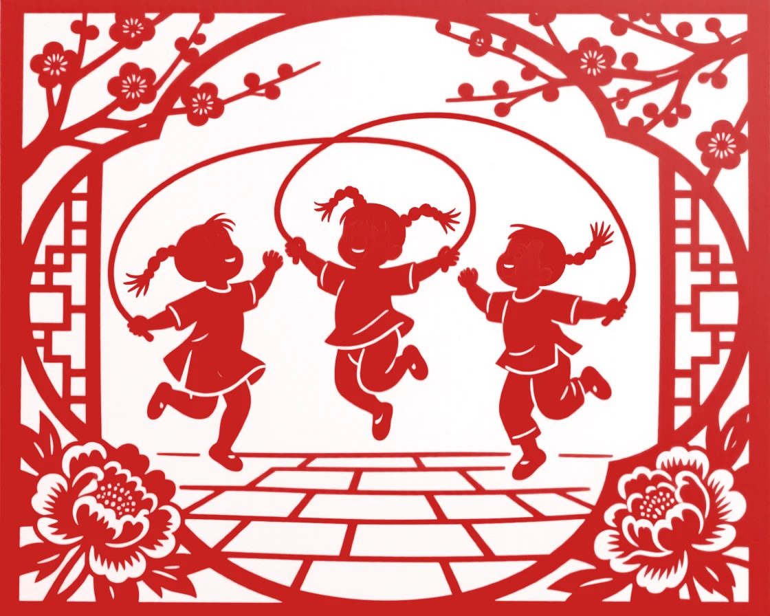 Children jumping rope in a courtyard, red ribbons tied to their pigtails bouncing with each hop