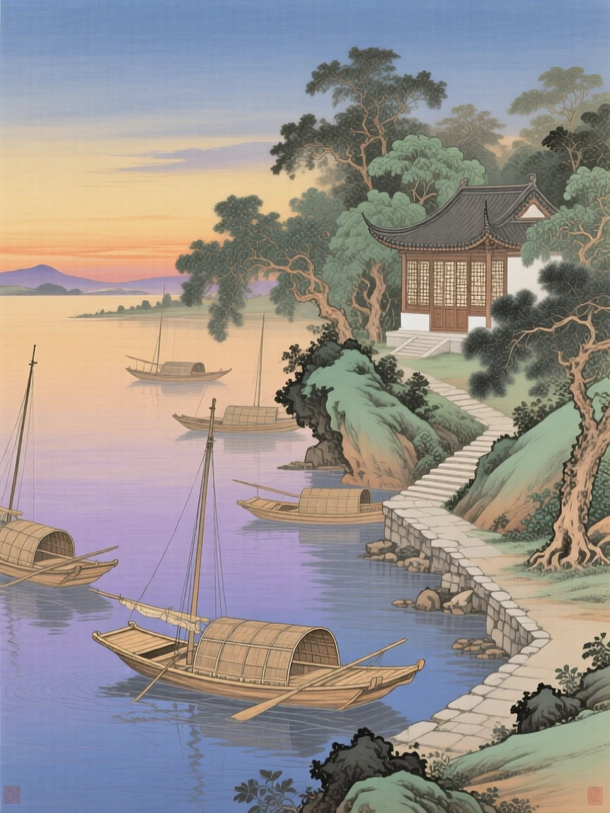 A quiet harbor at dusk with fishing boats returning home, a narrow path winding up toward a hidden temple