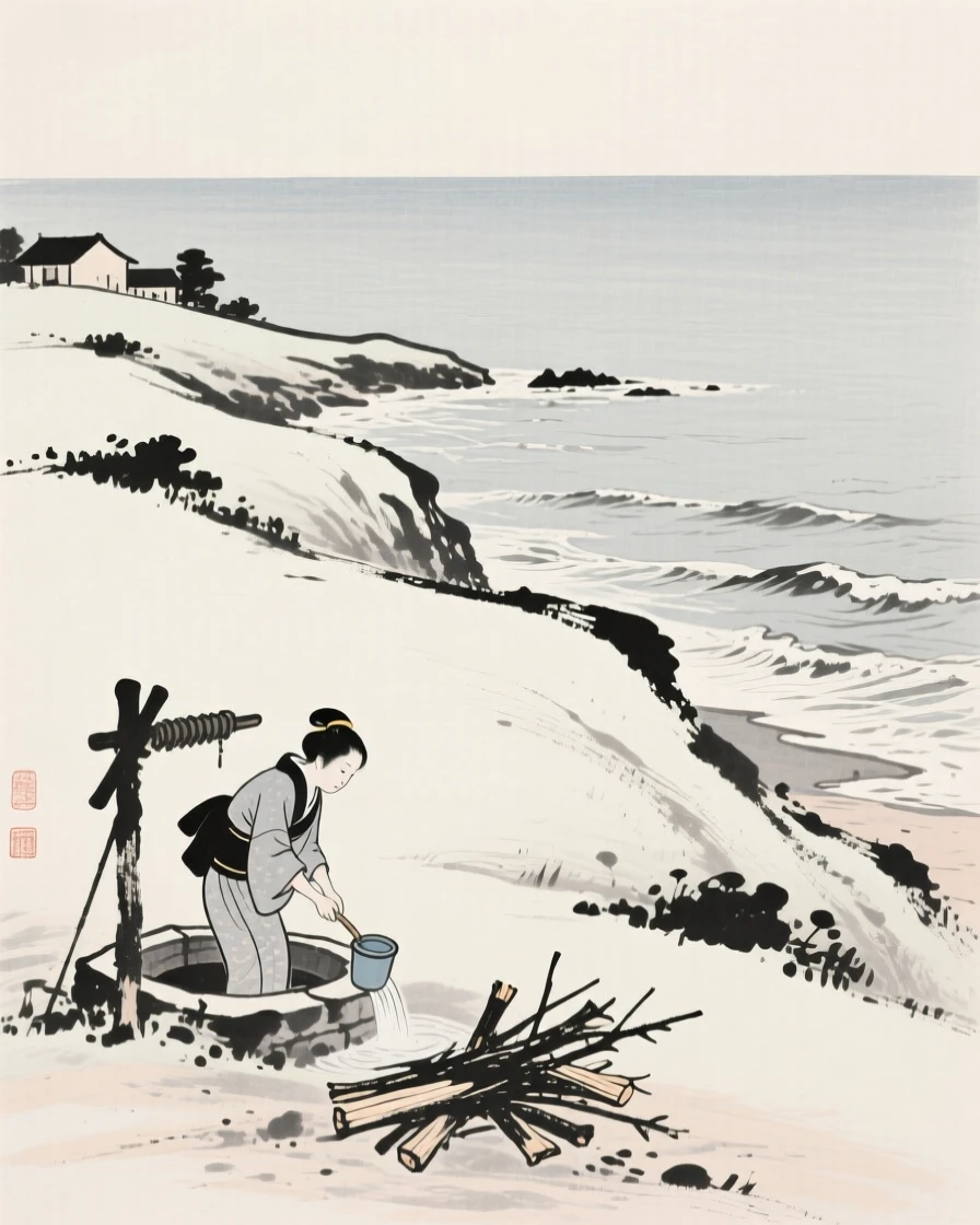 A woman gathering firewood drawing water from a village well on a hillside overlooking the sea, framed small within a vast, quiet landscape, suggesting harmony between people and their surroundings.