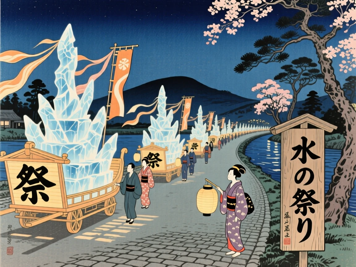A parade of decorated floats with elaborate ice sculptures glowing at night.