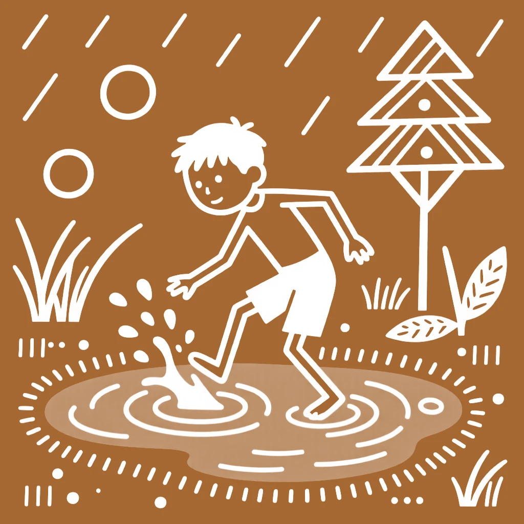 A shy young boy splashing in a puddle after the rain.