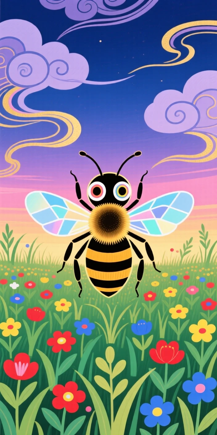 A honeybee glowing softly at dusk in a summer meadow.