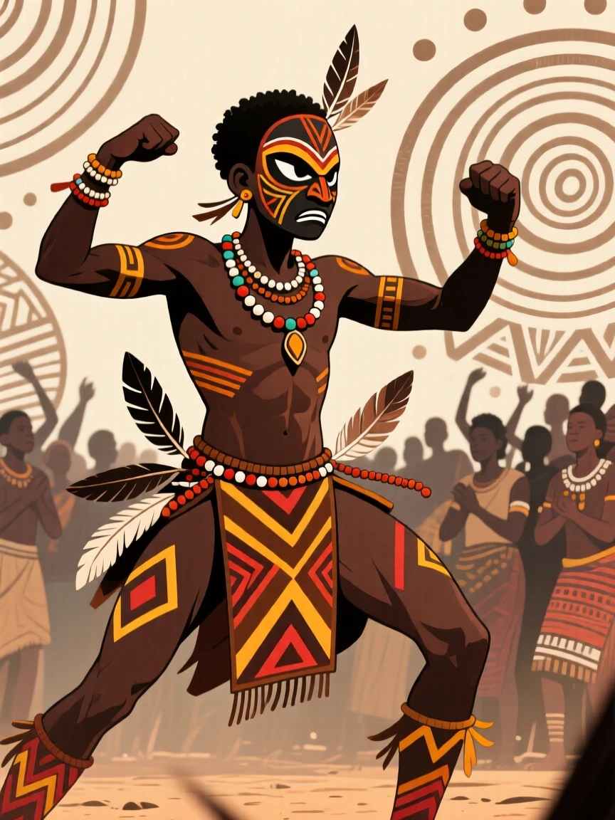 A young initiate warrior performing before a gathered crowd.