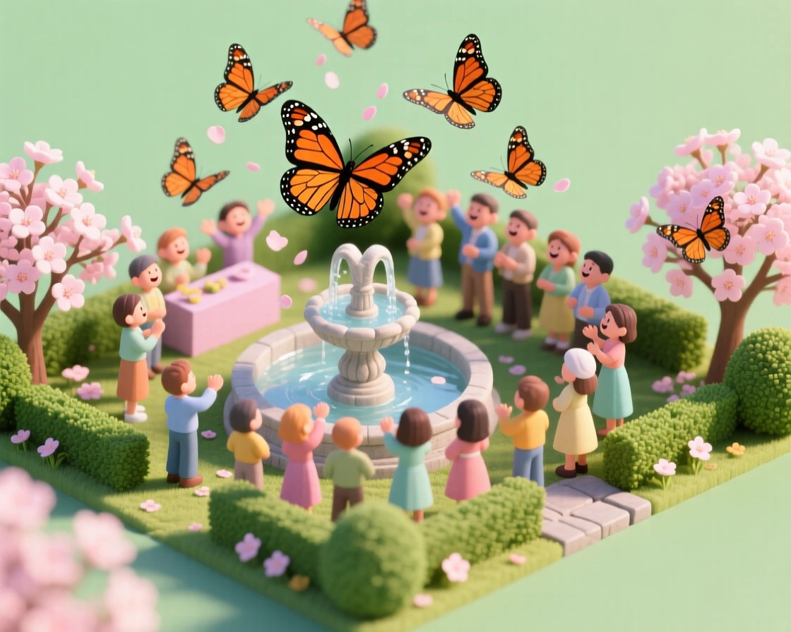 A springtime butterfly release ceremony in a garden, dozens of monarchs lifting into the air above cheering onlookers.