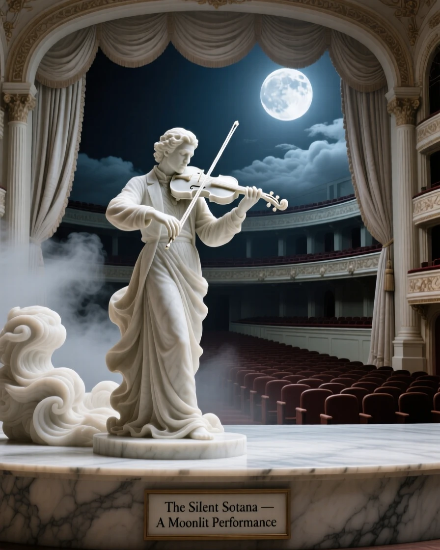 A vivid, emotionally rich scene of a violinist performing for an empty, moonlit theater, amid swirling clouds and mist, designed to captivate and inspire