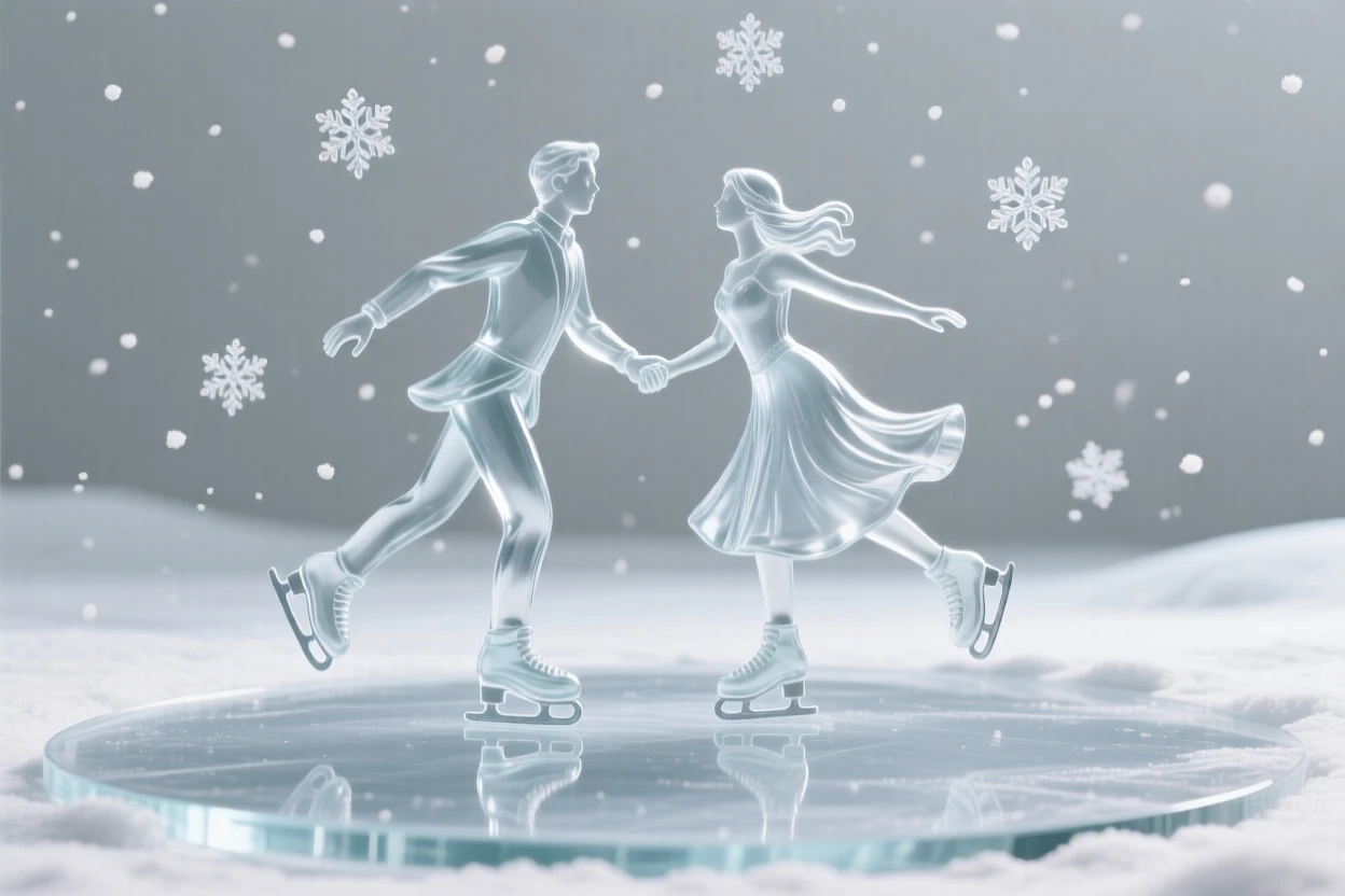 A couple ice skating together beneath falling snow, beneath a sky filled with gently falling snow