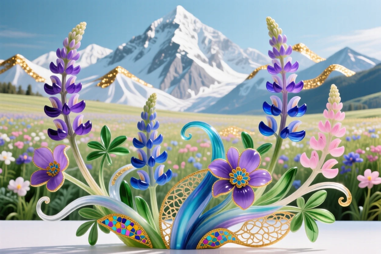 A field of blooming lupines rising toward snow-capped mountain peaks, vivid and expansive.