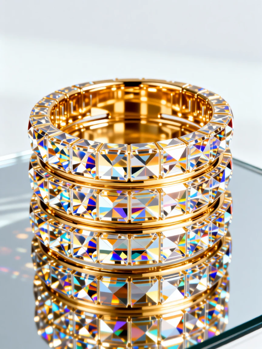An elegant gold bangle bracelet stack displayed on a mirrored surface.